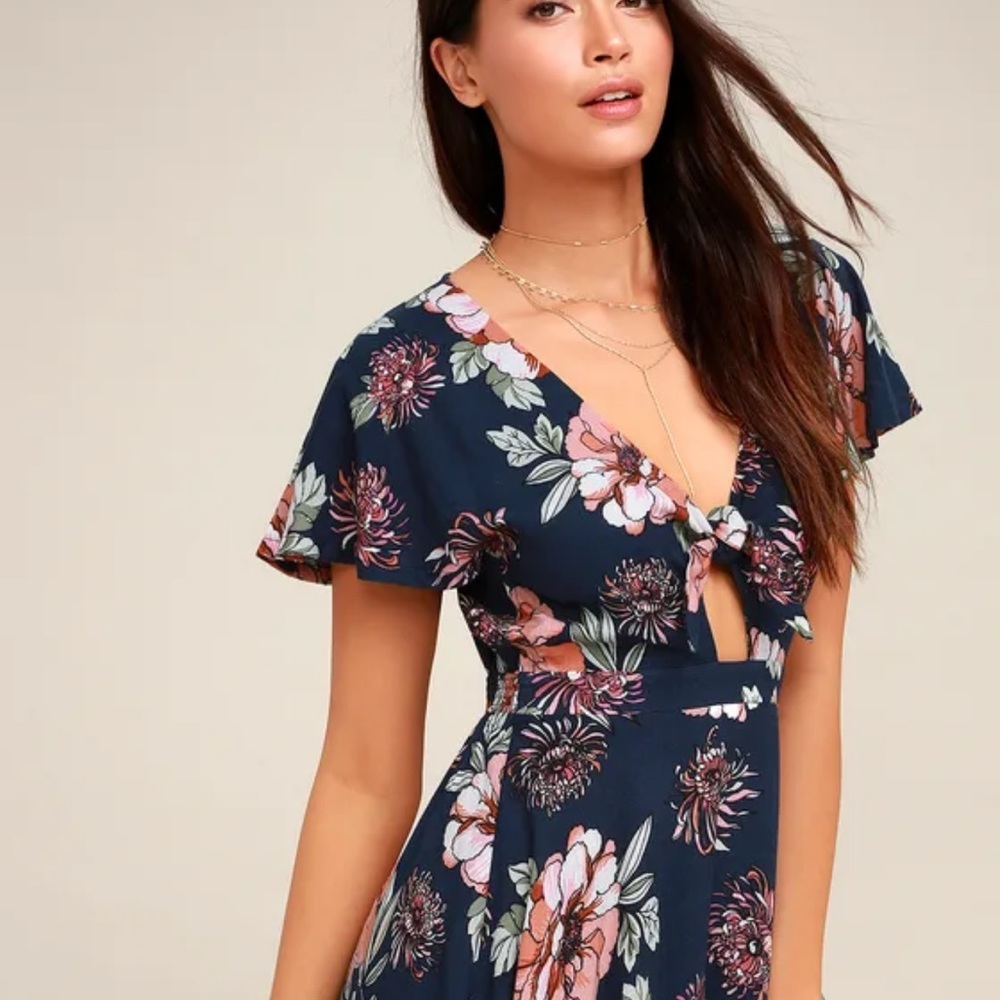 LULUS | Botanic of Time Navy Blue Floral Print Tie-Front Skater Dress | SZ M - Picture 3 of 7